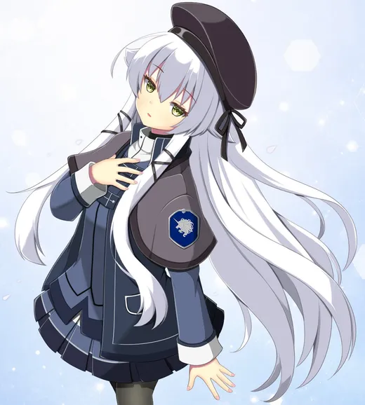 黒いベレー帽と青い制服姿の銀髪ロングの女の子が、胸に手を当ててこちらを見上げるイラスト