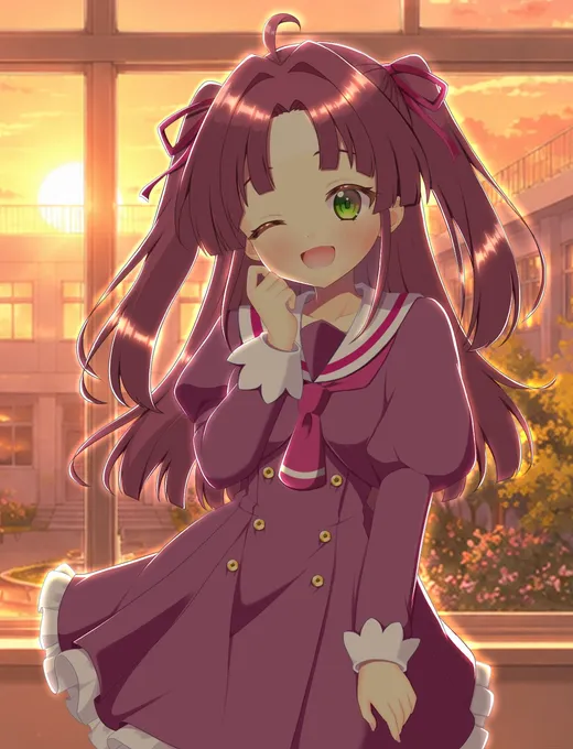夕日の差し込む校舎の窓辺で、ツインテールの女の子が笑顔でウインクするイラスト