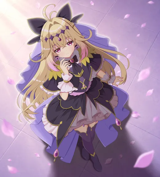 花びらの舞う中、すみれ色のヴェールと黒いドレスをまとった金髪の女の子がたたずむイラスト